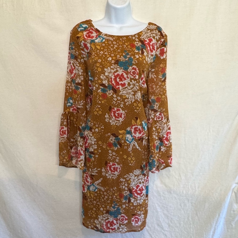 E-187 Charlotte Russe PLUS SIZE 1X Tan Red & Teal Long Bell Sleeve MIDI Dress